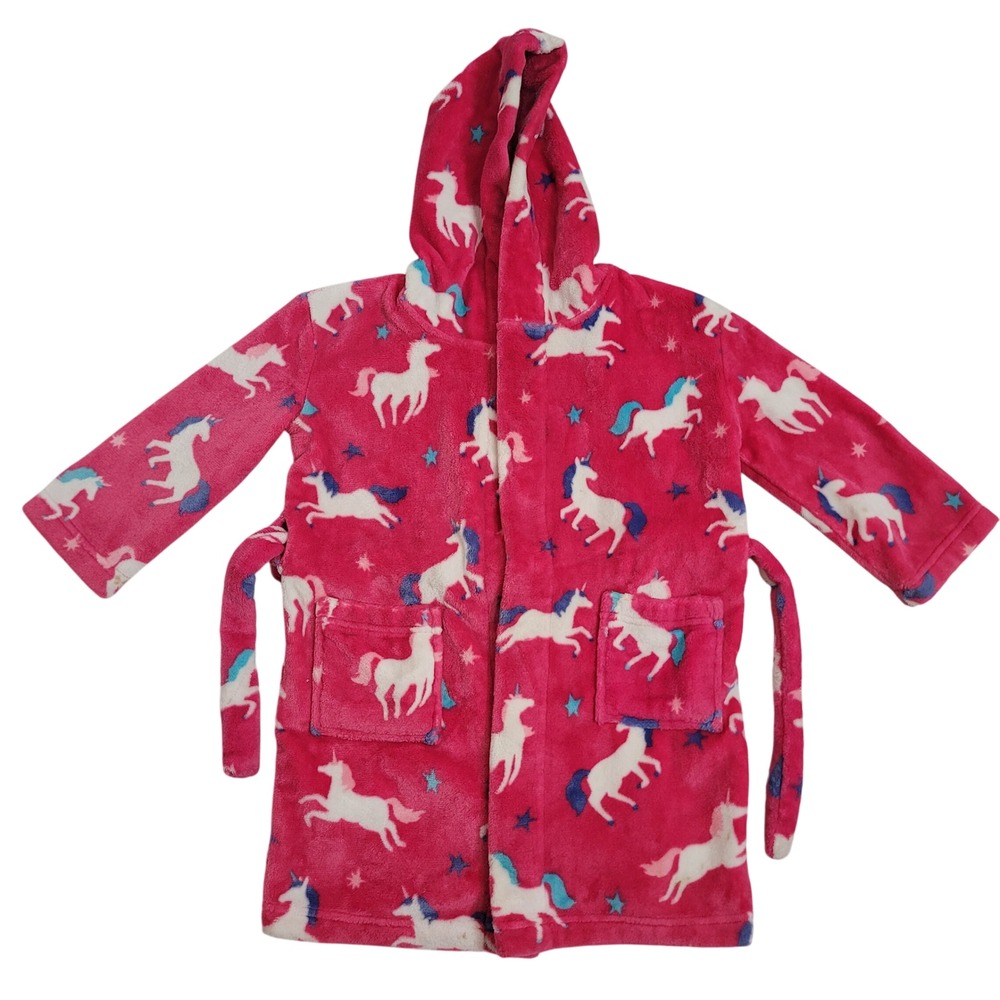 Hatley Size 4-5 Unicorn Fleece Hooded Robe Girls Pink Plush Tie Waist Pockets
